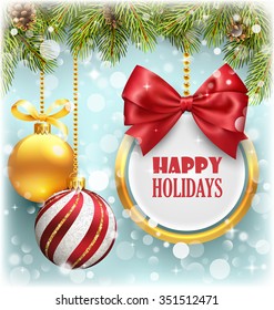 Christmas Background with Pine Branches Frame and Balls on Blue Background