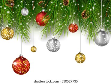 Christmas background with pine cone, ball and fir in snow