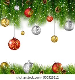 Christmas background with pine cone, ball and fir in snow