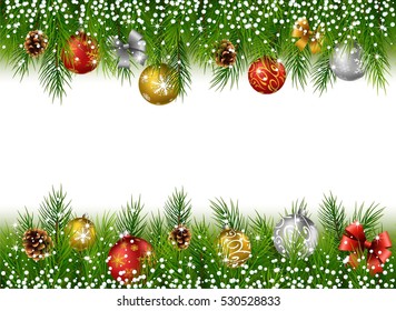 Christmas background with pine cone, ball and fir in snow