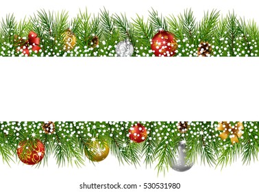 Christmas background with pine cone, ball and fir in snow