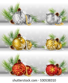 Christmas background with pine cone, ball and fir 
