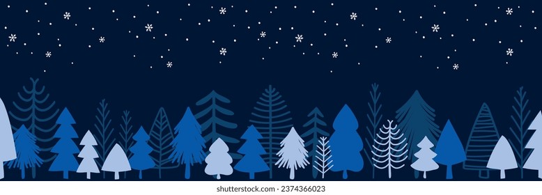 Christmas background, pine forest. Evergreen coniferous trees. Christmas trees, fir, pine. Shades of blue. Vector illustration.