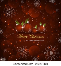 Christmas background with pine needles, christmas balls, snowflakes, bubbles and snow