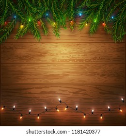 Christmas background with pine tree branches and colorful lights on wood, vector illustration