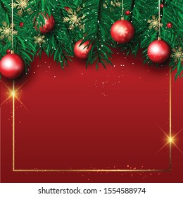 Christmas background with pine tree branches and hanging baubles with gold frame