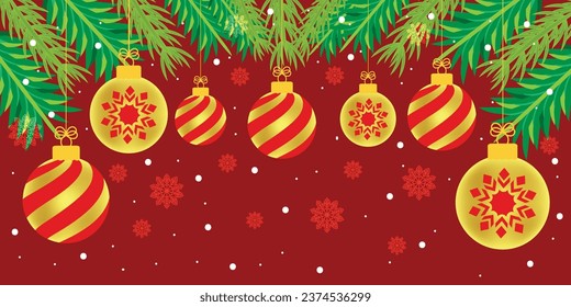 Christmas background with pine tree branches and hanging baubles