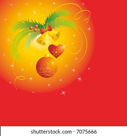 Christmas background with pine tree branches, ball, red bow, snowflakes