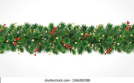 Christmas background with pine tree garland isolated on white. Red holly berry and gold confetti. Vector holiday decoration, frame. Border for banners, posters, cards.