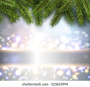 Fondo de Navidad, pino con luces y nieve, ilustración vectorial.