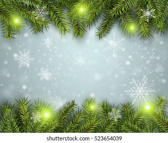 Christmas background, pine tree with lights and snow, vector illustration.