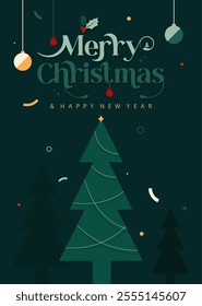 Christmas background with pine tree, ornament ball decoration and text, vector design, green color theme