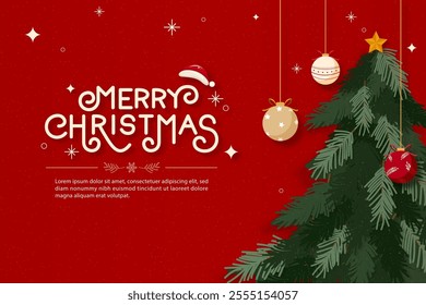 Christmas background with pine tree ornament ball decoration and merry Christmas message, vector design