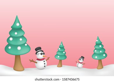Christmas background with pine tree, snow and snowman in cute style, Happy 
 season and holiday concept.