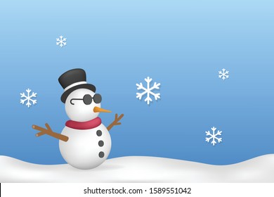 Christmas background with pine tree, snow and snowman in cute style, Happy 
 season and holiday concept.