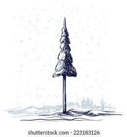 christmas background with pine tree and snowy winter landscape