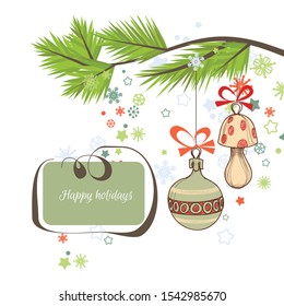 Fondo de Navidad, ramas de pino y adorables adornos de vacaciones. Marco de caligrafía para texto