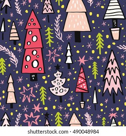 Christmas background with pine trees. Cute doodle seamless pattern for New Year invitatin, Christmas greeting card. Vector pattern.