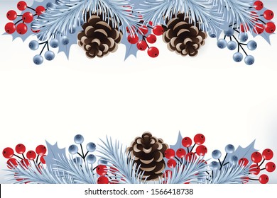 Christmas background with pines, silver colour fir branches and berries. Vector illustration