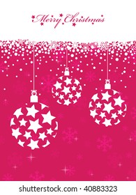 christmas background with pink snowflakes, hanging star decorations and white banner