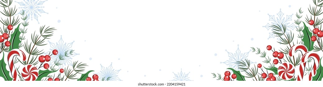 Christmas background with place for text. Horizontal banner, background decorated with different winter plants, cookies and sweets background. Vector illustration