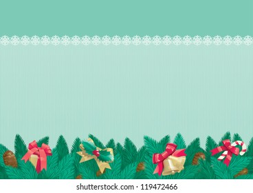 Christmas background with place for text. Vector card of christmas fir tree with Christmas decorations and cone on abstract background