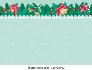 Christmas background with place for text. Vector card of christmas fir tree with Christmas decorations and cone on abstract background.