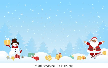 Christmas background with place for text, winter forest with gifts in snow, funny Santa Claus and snowman, flat cartoon seasonal vector.