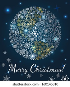 Christmas background. Planet made from snowflakes on dark blue background.