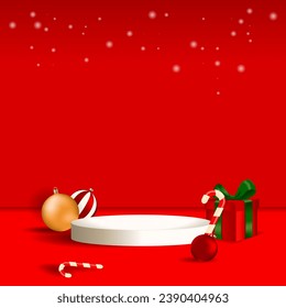 Christmas background with podium display and realistic decorations for business or product promotion