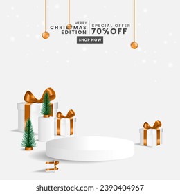 Christmas background with podium display and realistic decorations for business or product promotion