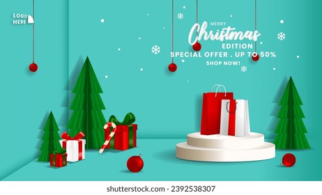 Christmas background with podium display and realistic decorations for business or product promotion