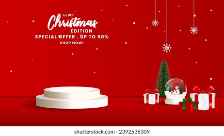 Christmas background with podium display and realistic decorations for business or product promotion