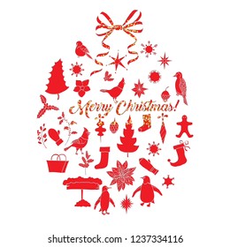 Christmas Background with Poinsettia Flowers and Toys. Hand drawn sketches. Vector Illustration