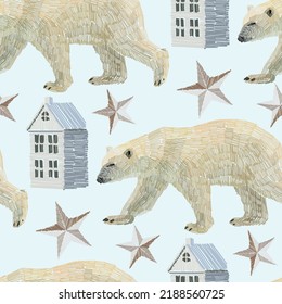 Christmas background with polar bear, house and stars. Seamless pattern. Imitation embroidery.