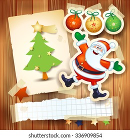 Antecedentes navideños con postal y el divertido Santa Claus. Ilustración del vector 
