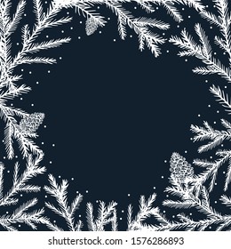 Christmas background, postcard of a Christmas tree branch with cones, on a dark blue background with place for text stock vector Illustration for design and decor