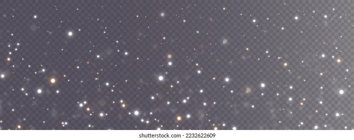 Christmas background. Powder dust light PNG. Magic shining gold and white dust. Fine, shiny dust bokeh particles fall off slightly. Fantastic shimmer effect. Vector illustrator.