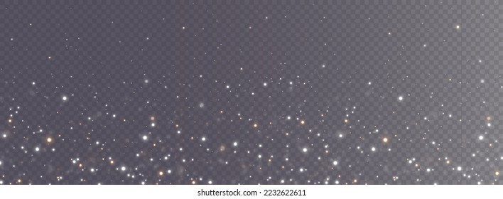 Christmas background. Powder dust light PNG. Magic shining gold and white dust. Fine, shiny dust bokeh particles fall off slightly. Fantastic shimmer effect. Vector illustrator.