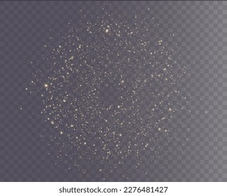 Christmas background. Powder dust light PNG. Magic shining gold and white dust. Fine, shiny dust bokeh particles fall off slightly. Fantastic shimmer effect. Vector illustrator.