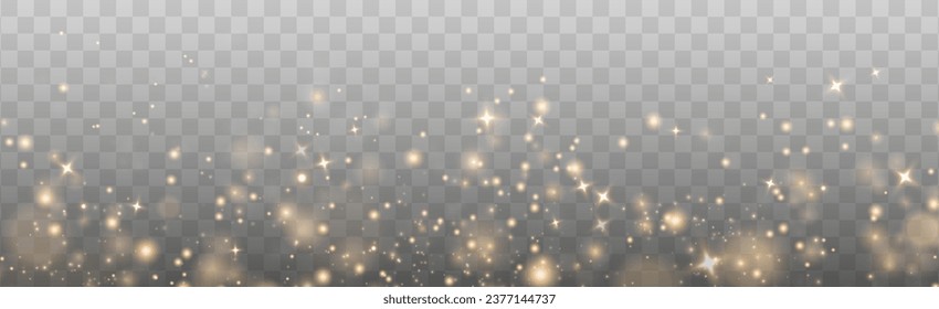 Christmas background. Powder dust light PNG. Magic shining gold dust. Fine, shiny dust bokeh particles fall off slightly. Fantastic shimmer effect. Vector illustrator.