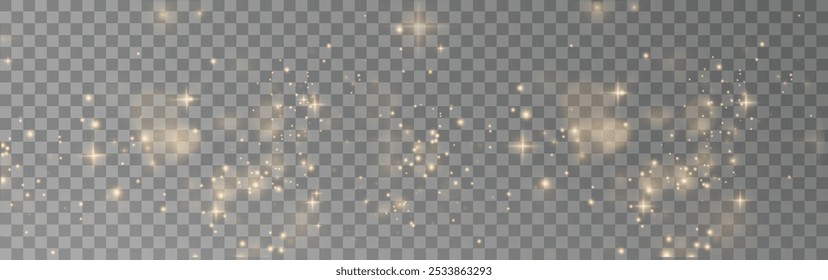 Christmas background. Powder dust light PNG. Magic shining gold dust. Fine, shiny dust bokeh particles fall off slightly. Fantastic shimmer effect. Vector illustrator.