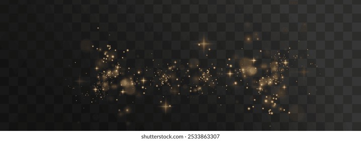 Christmas background. Powder dust light PNG. Magic shining gold dust. Fine, shiny dust bokeh particles fall off slightly. Fantastic shimmer effect. Vector illustrator.