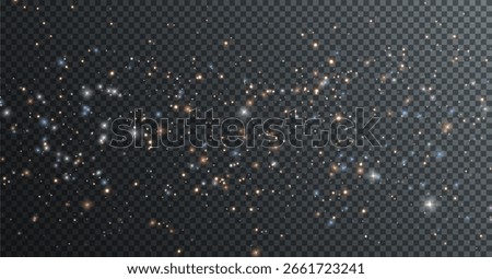 Christmas background. Powder dust light PNG. Magic shining gold dust. Fine, shiny dust bokeh particles fall off slightly. Fantastic shimmer effect. Vector illustrator.	