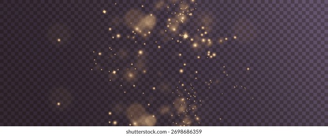 Weihnachtshintergrund mit puderhellem Staub im Format. Magischer goldener Schimmer mit feinen, glitzernden Bokeh-Partikeln, die sanft fallen. 