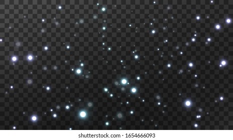 Diseño festivo abstracto, sobre un fondo negro transparente. Las estrellas brillan con morado, rosa, azul. El destello de pequeñas luces aisladas en el cielo nocturno o el espacio.
 Vector.
