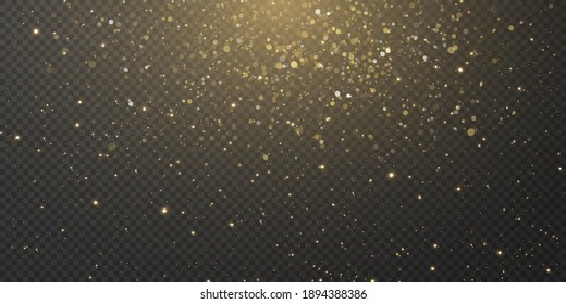 Christmas background. Powder PNG. Magic shining gold dust. Fine, shiny dust bokeh particles fall off slightly. Fantastic shimmer effect. Vector illustrator.