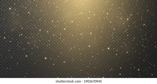 Christmas background. Powder PNG. Magic shining gold dust. Fine, shiny dust bokeh particles fall off slightly. Fantastic shimmer effect. Vector illustrator.