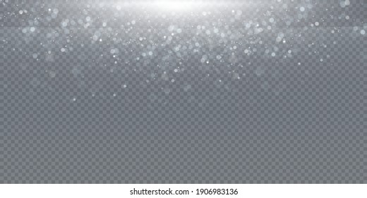 Christmas background. Powder PNG. Magic shining white dust. Fine, shiny bokeh dust particles fall off slightly. The magical effect of flickering lights.