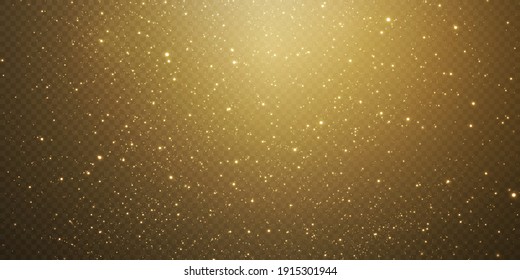 Christmas background. Powder PNG. Magic shining gold dust. Fine, shiny dust bokeh particles fall off slightly. Fantastic shimmer effect. Vector illustrator.